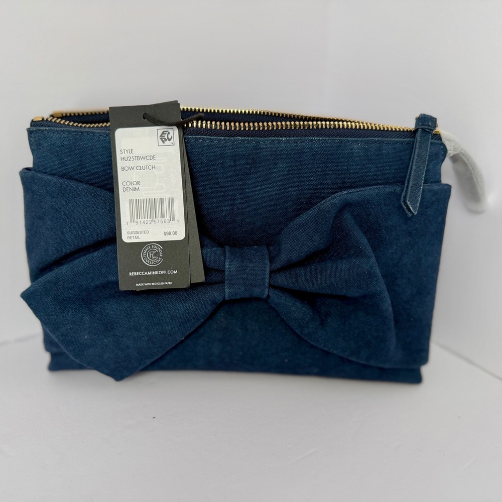 Rebecca Minkoff Bow Clutch Denim Blue NWT Wristlet Zip Pouch - Picture 6 of 8